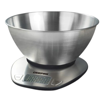 Geepas Stainless Steel Digital Kitchen Scale – 5kg Capacity, Overload Indicator, Low Battery Alert, Precision Weight Measurement for Cooking & Baking – Silver - GKS4203N - Damoo