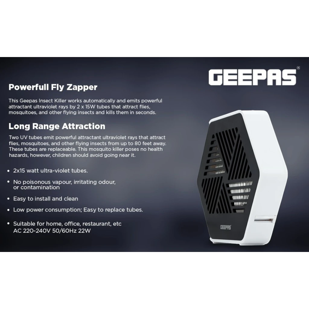Geepas UV Mosquito & Insect Killer – 2x15W Tubes, Non-Toxic, Low Power Consumption, Rope On/Off Switch, Electric Fly Zapper for Indoor Use (White/Black, Alloy Steel) - GBK1151N - Damoo