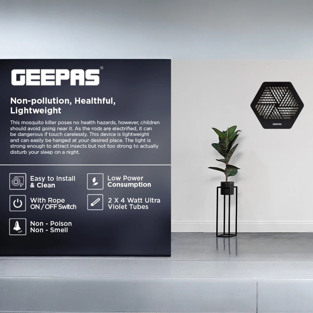 Geepas UV Mosquito & Insect Killer – 2x15W Tubes, Non-Toxic, Low Power Consumption, Rope On/Off Switch, Electric Fly Zapper for Indoor Use (White/Black, Alloy Steel) - GBK1151N - Damoo