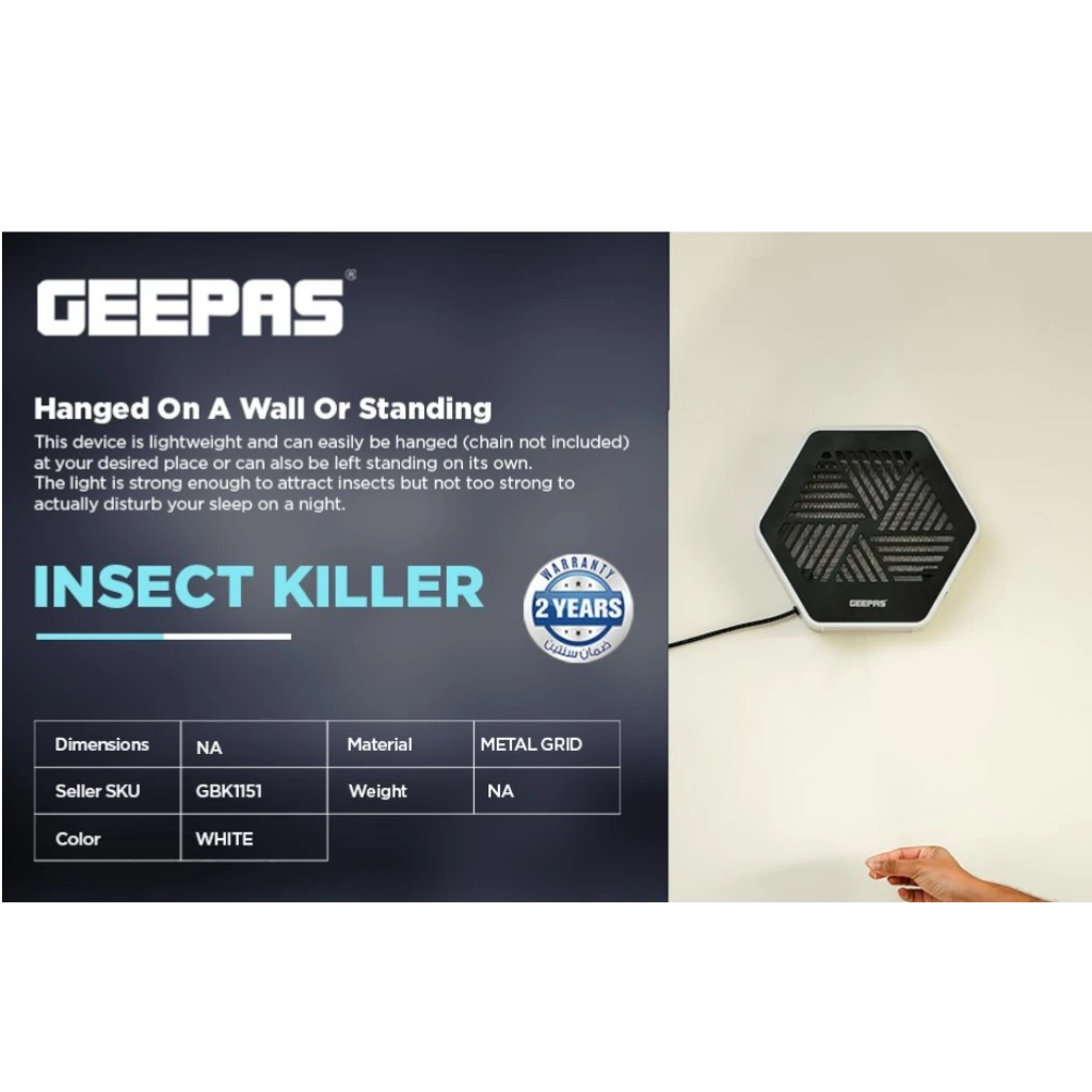 Geepas UV Mosquito & Insect Killer – 2x15W Tubes, Non-Toxic, Low Power Consumption, Rope On/Off Switch, Electric Fly Zapper for Indoor Use (White/Black, Alloy Steel) - GBK1151N - Damoo