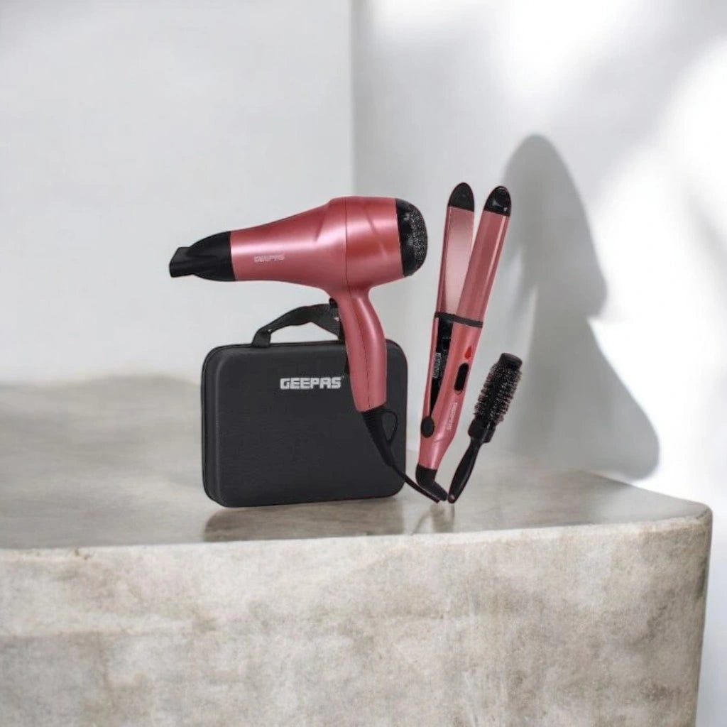 Geepas 4-in-1 Hair Styling Set – 2200W Portable Hair Dryer, Straightener & Curler with EVA Travel Bag, 2 Speed & 3 Heat Settings, Cool Shot Function – Compact Styling Kit for Home, Travel & Salon Use - GHF86054 - Damoo