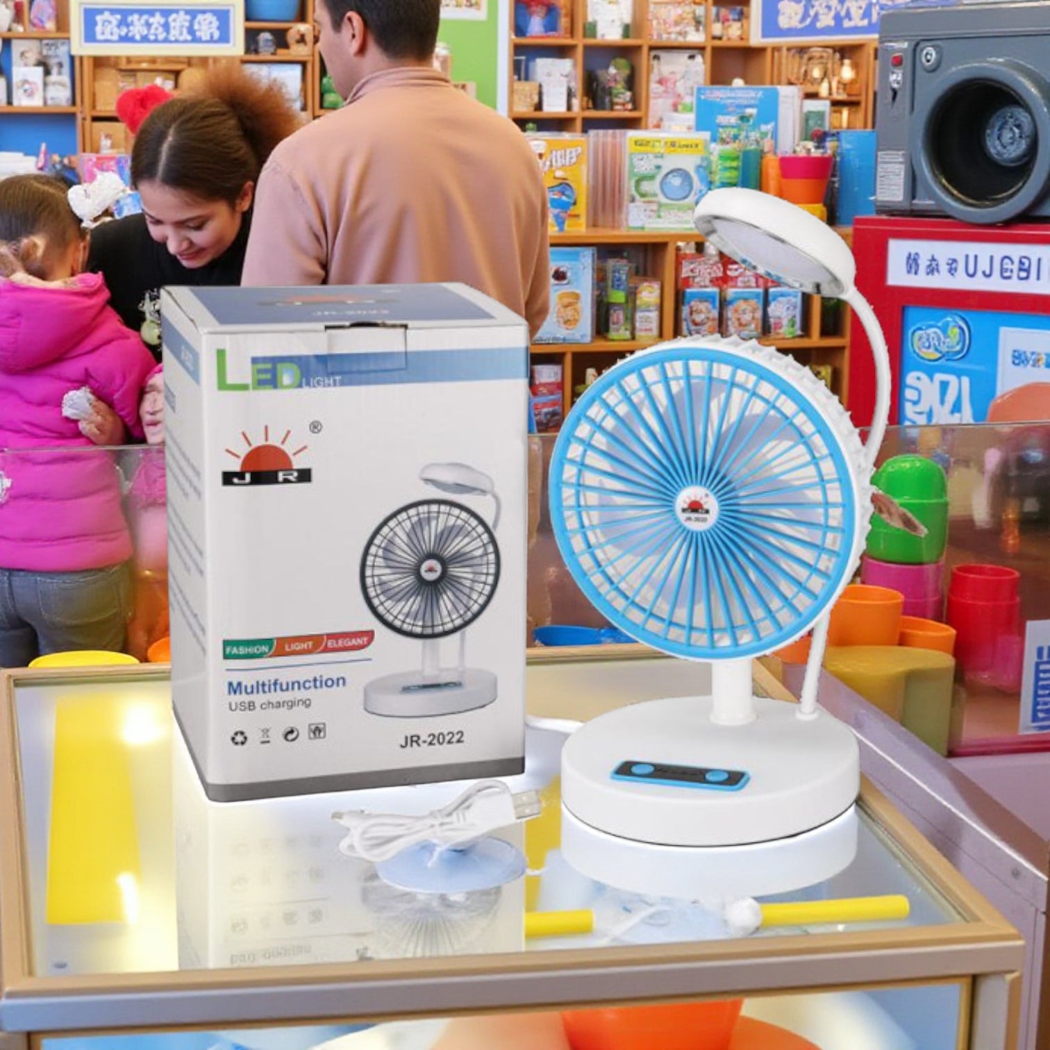 JR-2022 Multifunctional Rechargeable Fan with LED Light – 3000mAh Battery, USB Charging, Adjustable Speeds & Brightness | Foldable Desk & Table Fan with Power Bank Output - Damoo