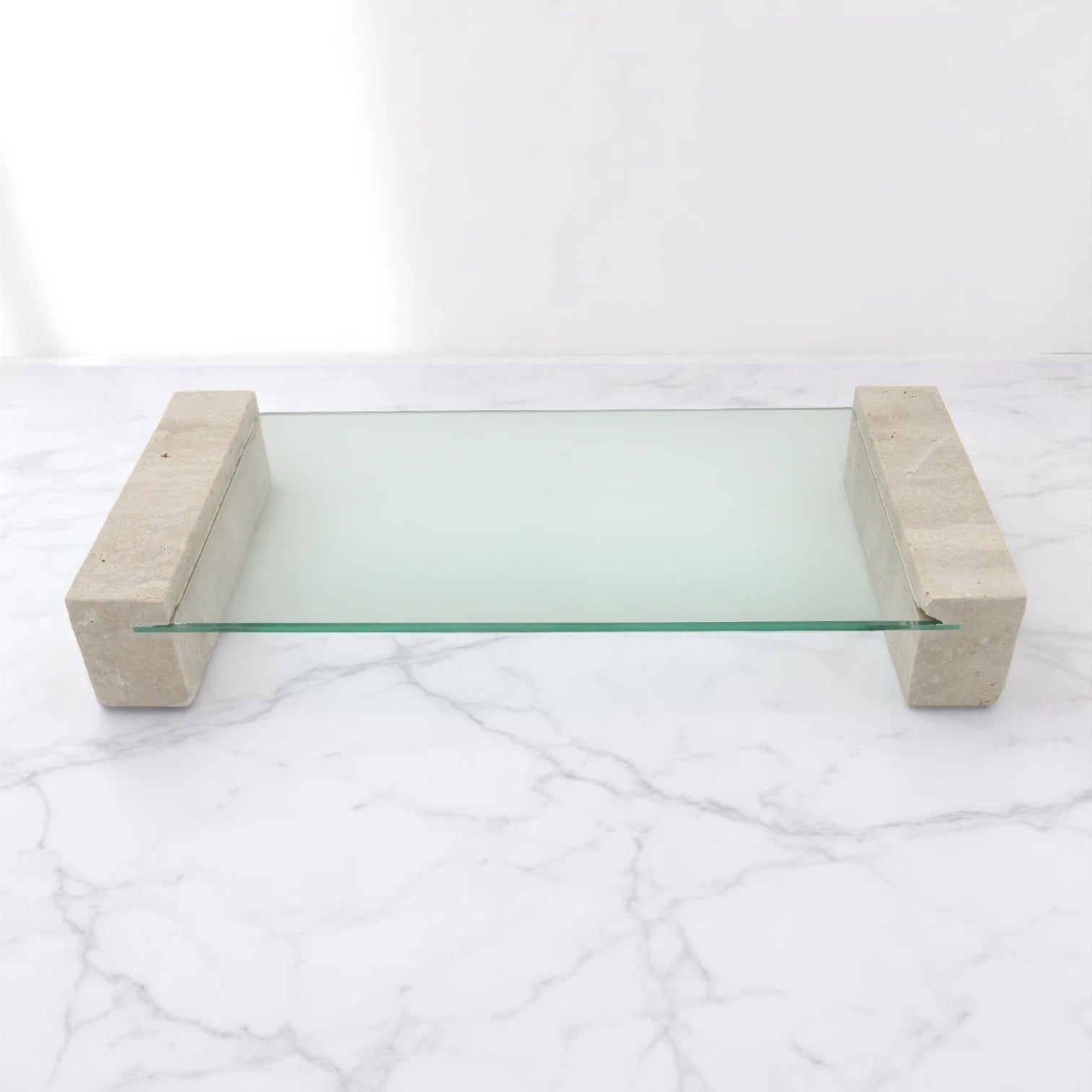 Glass Decorative Serving Stand with Marble Edges & Legs – Clear Countertop Tray for Kitchen, Bathroom, Vanity, or Living Room - Sleek & Multi-Purpose Accent Board - Damoo