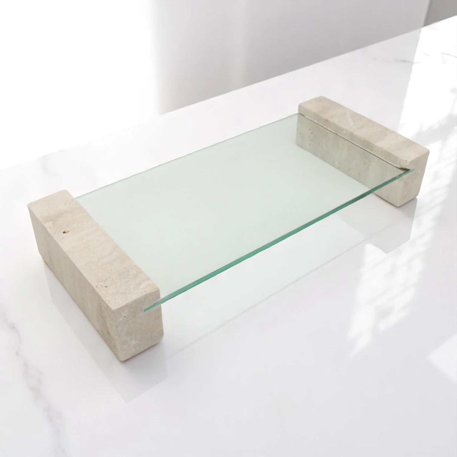 Glass Decorative Serving Stand with Marble Edges & Legs – Clear Countertop Tray for Kitchen, Bathroom, Vanity, or Living Room - Sleek & Multi-Purpose Accent Board - Damoo