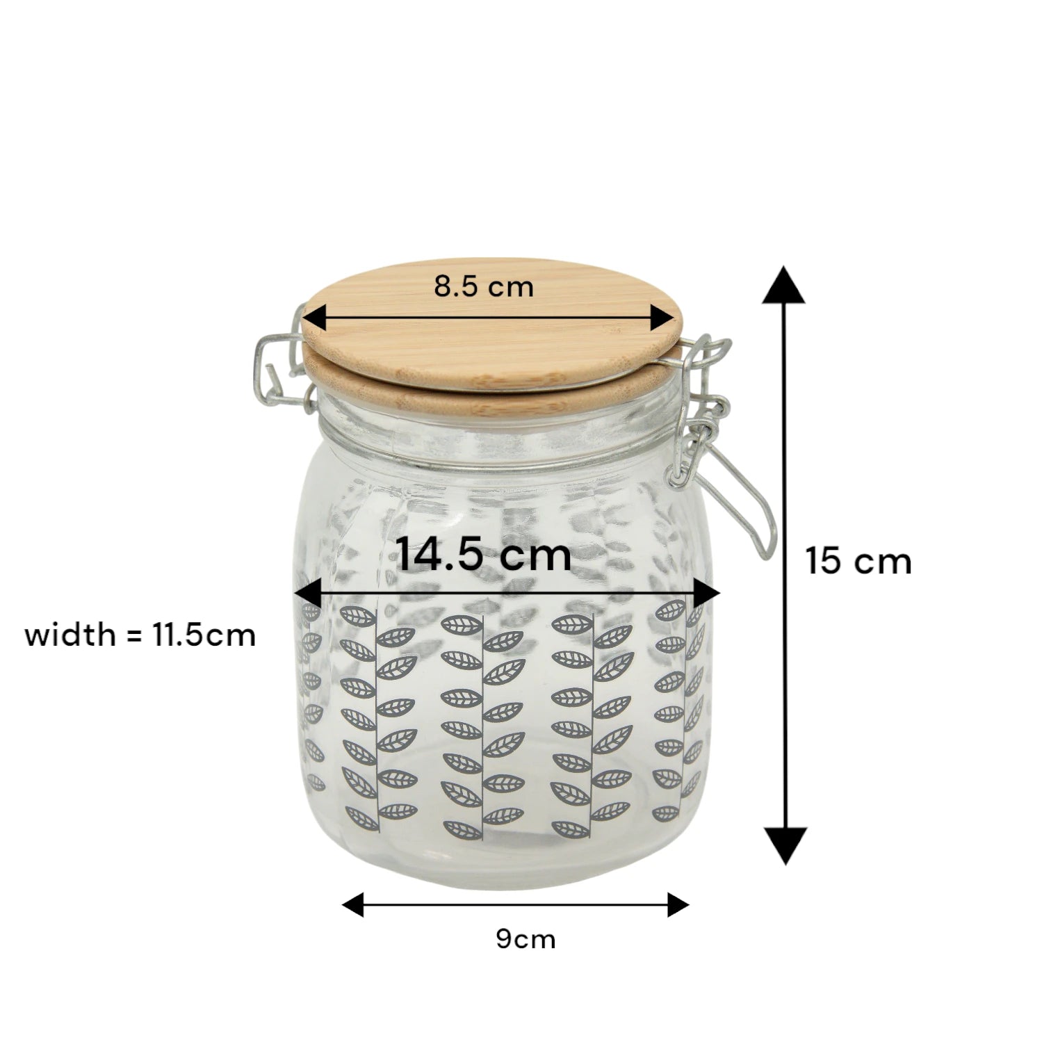 Glass Storage Jar with Bamboo Lid & Grey Leaf Print – Airtight Kitchen Container for Spices, Coffee, or Pantry Essentials - Damoo