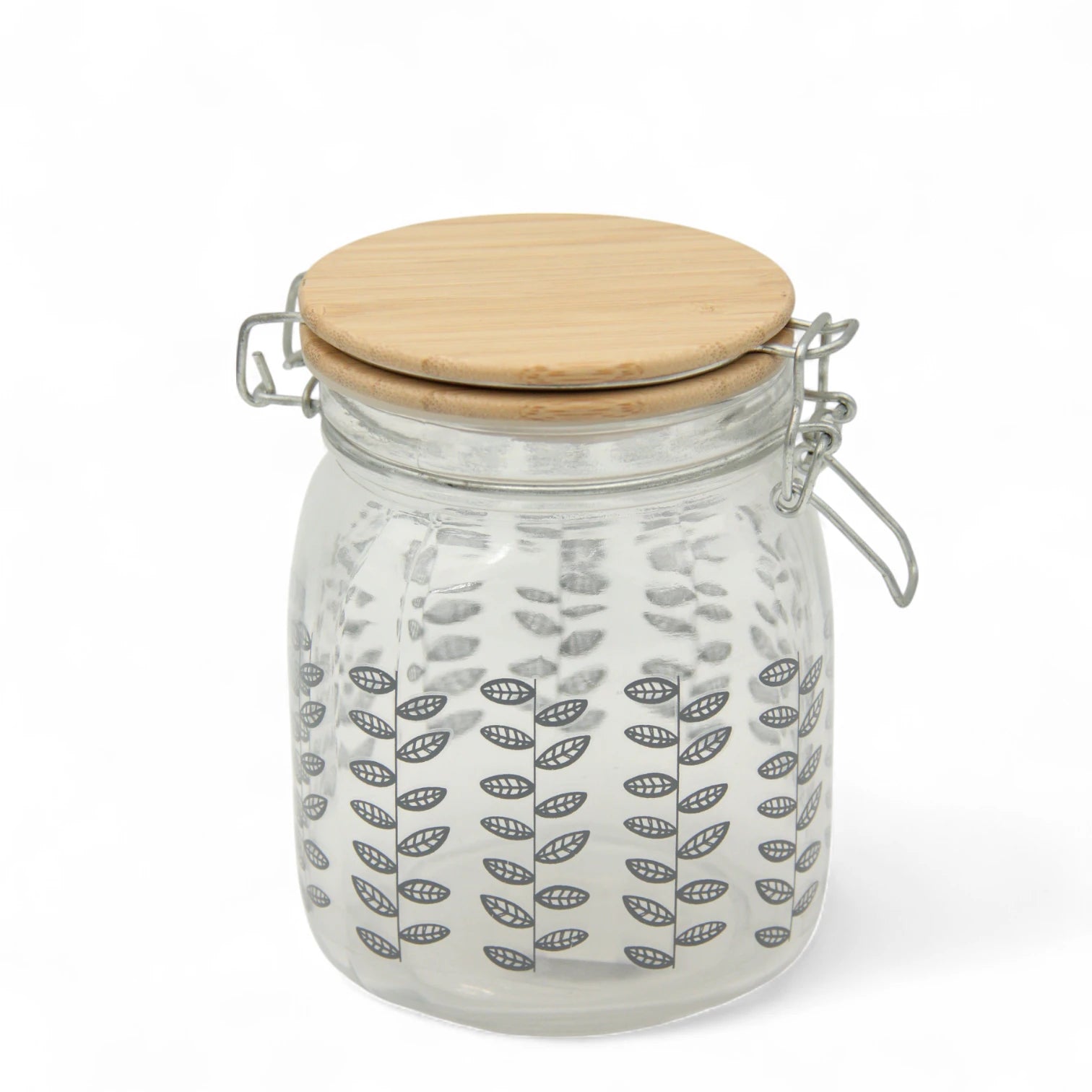 Glass Storage Jar with Bamboo Lid & Grey Leaf Print – Airtight Kitchen Container for Spices, Coffee, or Pantry Essentials - Damoo