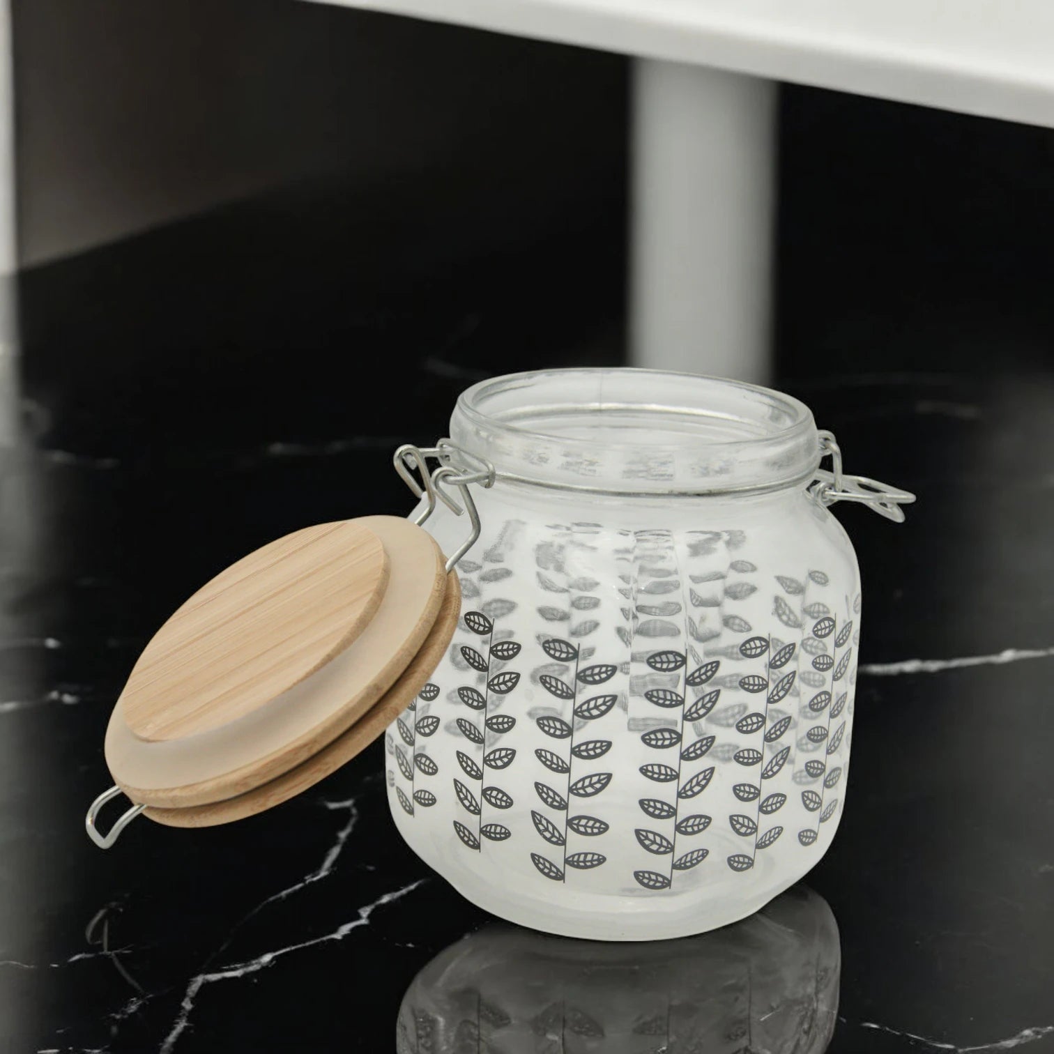 Glass Storage Jar with Bamboo Lid & Grey Leaf Print – Airtight Kitchen Container for Spices, Coffee, or Pantry Essentials - Damoo