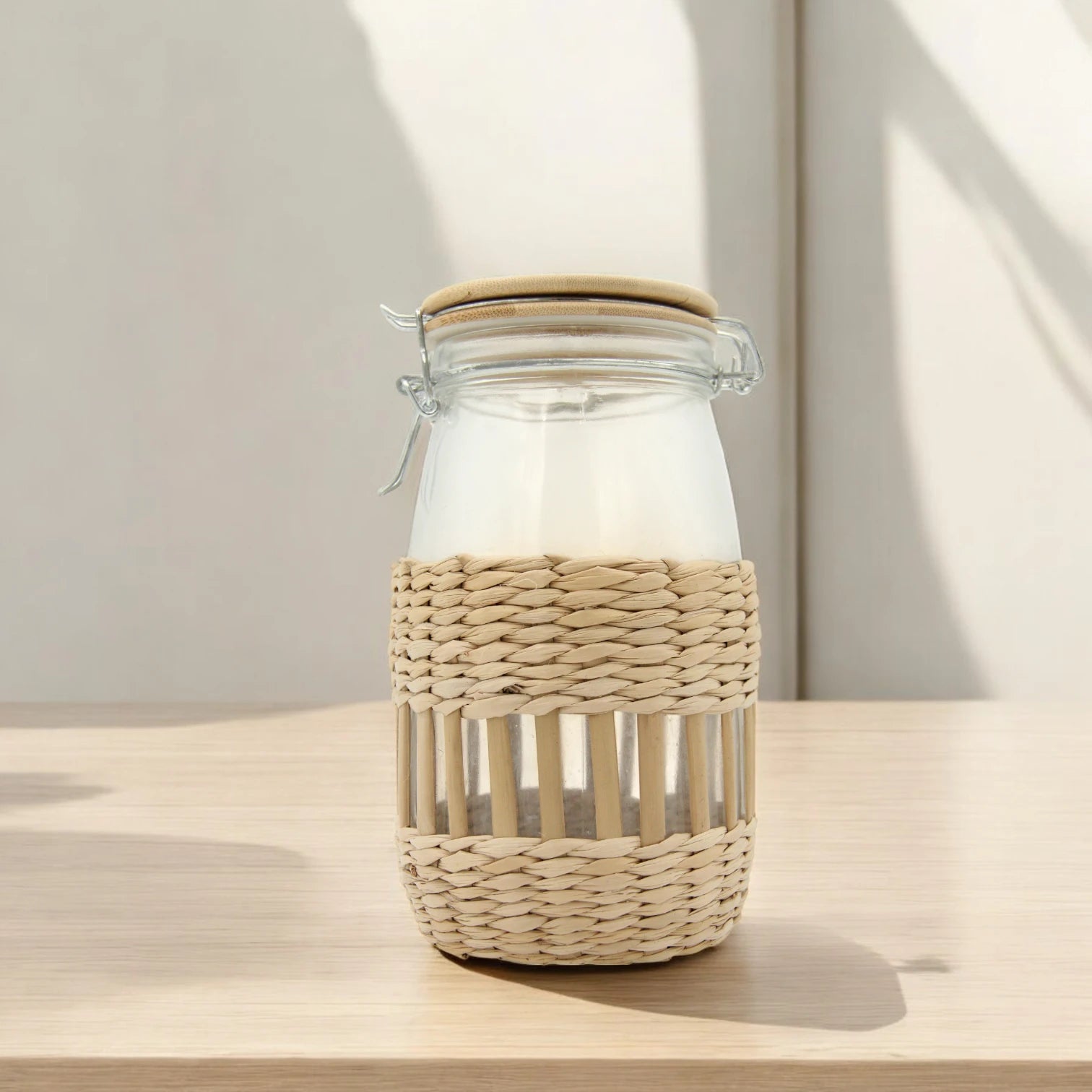 Glass Storage Jar with Bamboo Lid & Woven Rattan Sleeve – Rustic Airtight Kitchen Container for Spices, Nuts, or Decor - Damoo