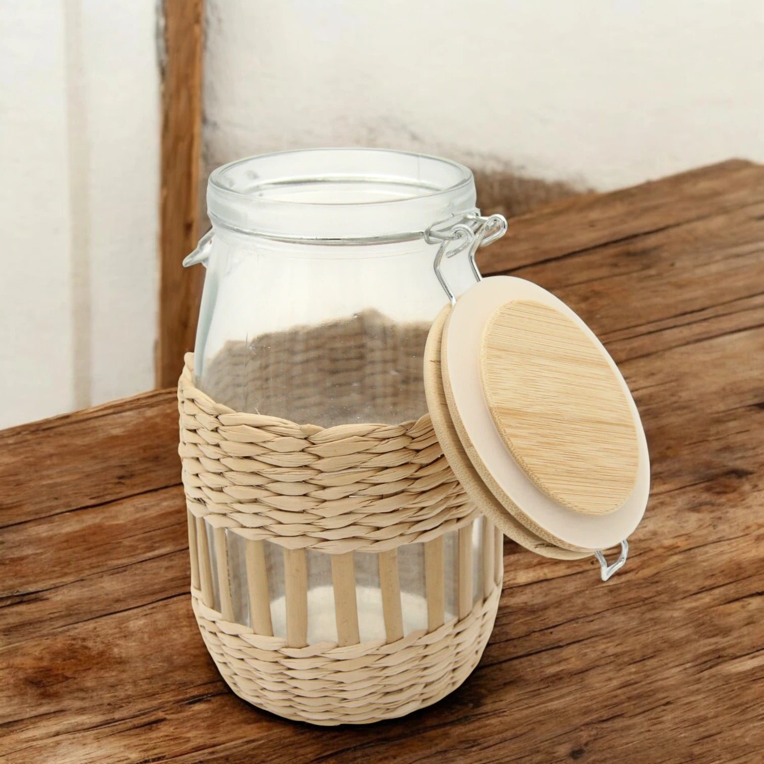 Glass Storage Jar with Bamboo Lid & Woven Rattan Sleeve – Rustic Airtight Kitchen Container for Spices, Nuts, or Decor - Damoo