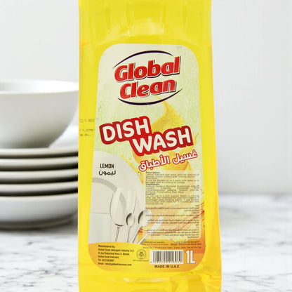 Global Clean Lemon Dishwashing Liquid – 1L Powerful Grease Remover | Made in UAE | Fresh Citrus Scent & Sparkling Shine - Damoo