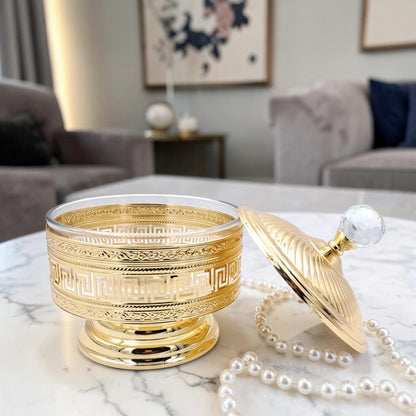 Decorative Metal Serving Bowl with Lid European Style Gold Finish Multi-Use Fruit Snack Storage Jar - Multi sizes - Damoo