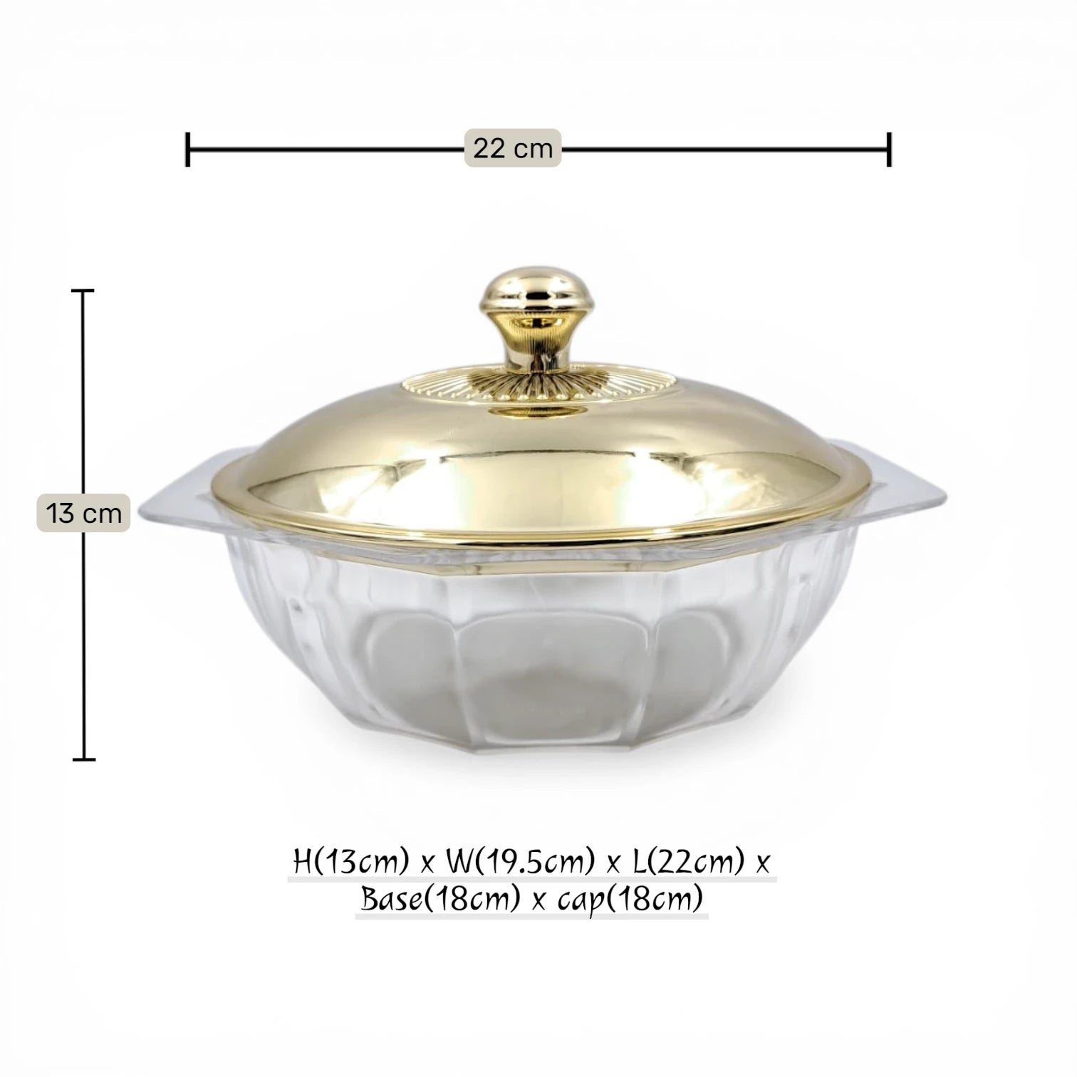 Multi-Purpose Acrylic Serving Bowl with Lid Gold Knob Decorative Table Bowl for Sweets Nuts & Snacks (H(13cm) x W(19.5cm) x L(22cm) x Base(18cm) x cap(18cm)) - Damoo