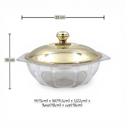 Multi-Purpose Acrylic Serving Bowl with Lid Gold Knob Decorative Table Bowl for Sweets Nuts & Snacks (H(13cm) x W(19.5cm) x L(22cm) x Base(18cm) x cap(18cm)) - Damoo