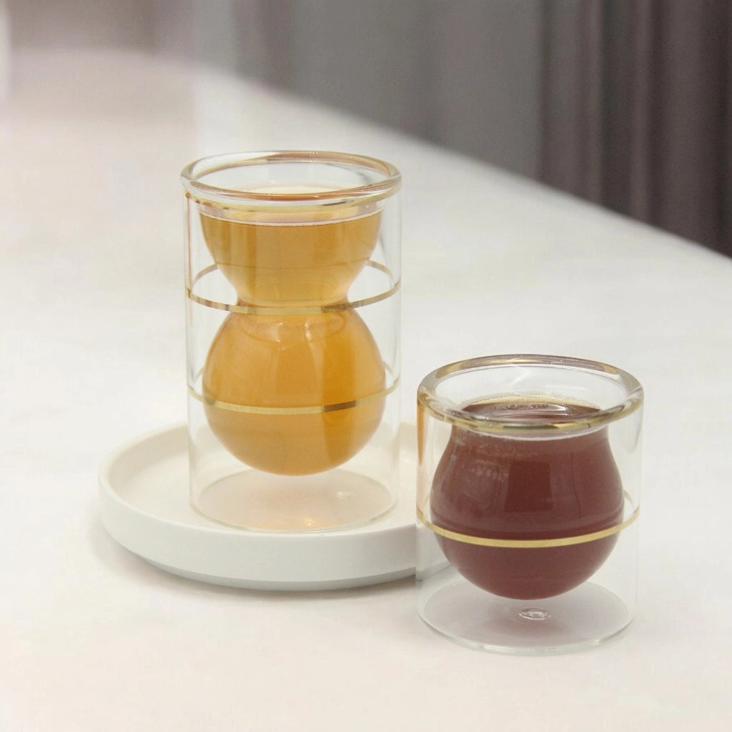 Golden Touch – 18 Pcs Double-Walled Tea Set with Elegant Hourglass Shape | Minimalist & Heat-Resistant Glass Design (Twin Bands) - Damoo