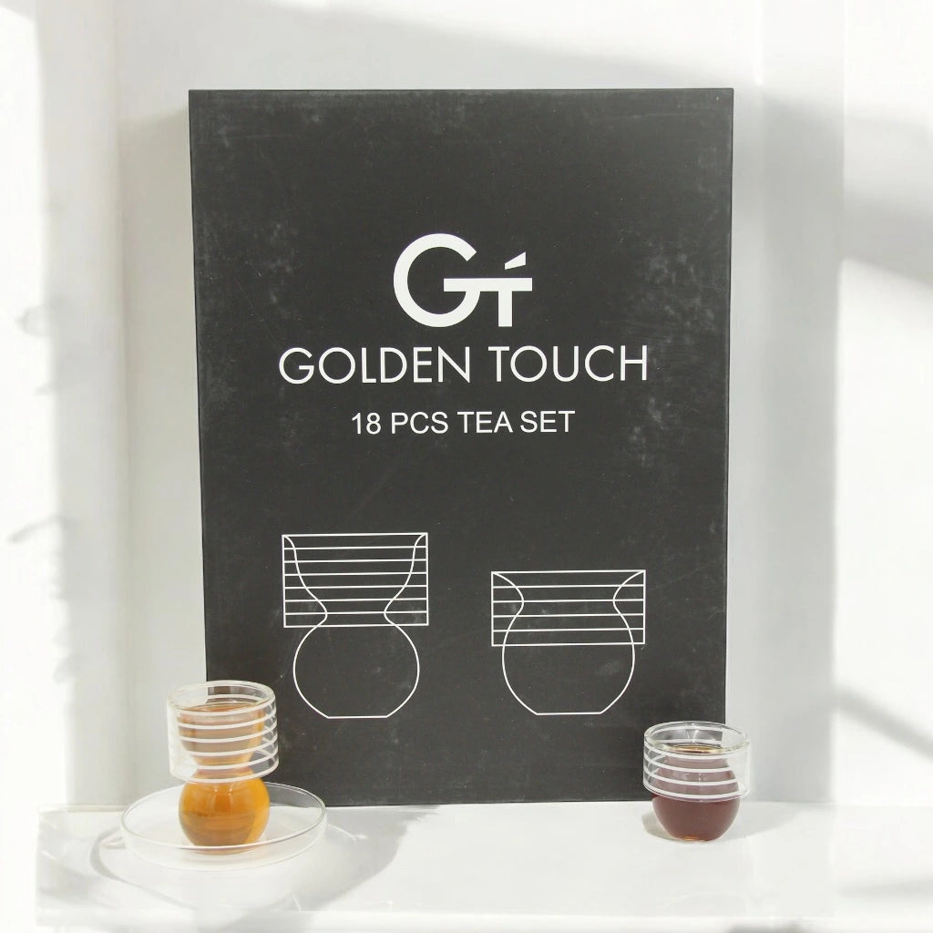 Golden Touch – 18 Pcs Double-Walled Tea Set with Elegant Hourglass Shape| Silver/Gold Lines Detailing - Damoo