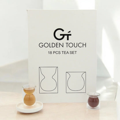 Golden Touch – 18 Pcs Heat-Resistant Double-Walled Borosilicate Glass Tea Set with Elegant Hourglass Shape | Plain - Damoo