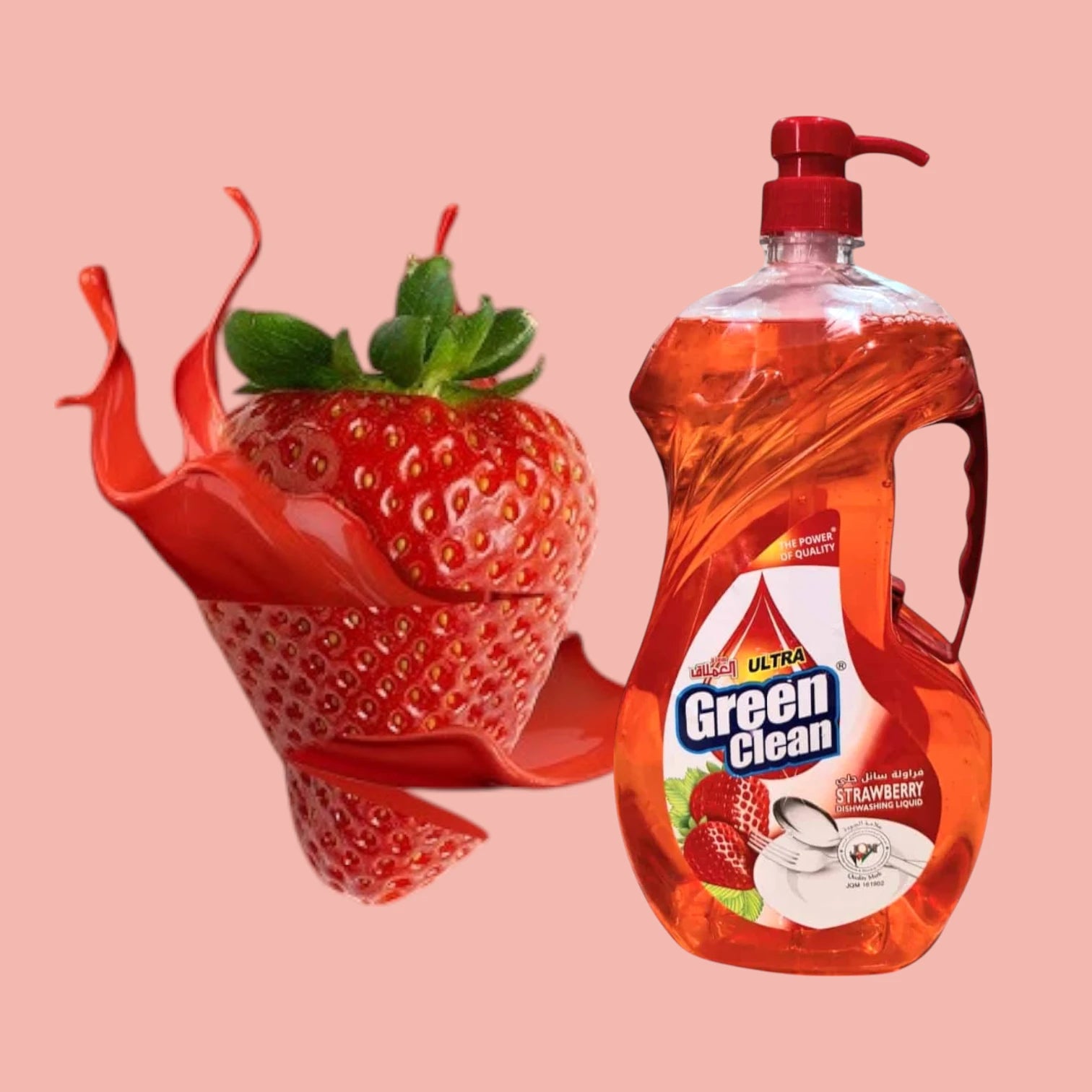 Green Clean Strawberry Dishwashing Liquid – 1800ml Family-Size | High-Concentration Formula, Tough Grease Removal, Easy-Pour Bottle - Damoo