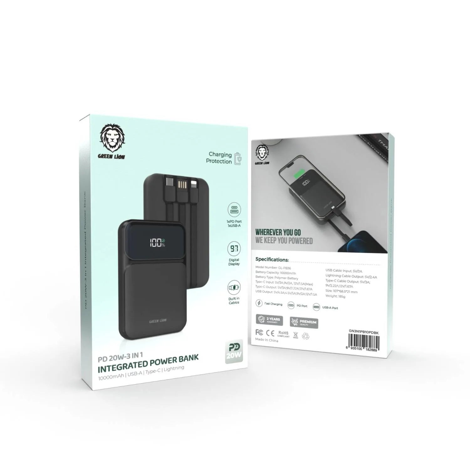 Green Lion 3-in-1 10000mAh Power Bank – Built-in Lightning, USB-C Cables, 20W PD Fast Charging, USB-A Output, Digital Display, Smart Charging Protection - Damoo