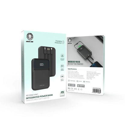 Green Lion 3-in-1 10000mAh Power Bank – Built-in Lightning, USB-C Cables, 20W PD Fast Charging, USB-A Output, Digital Display, Smart Charging Protection - Damoo