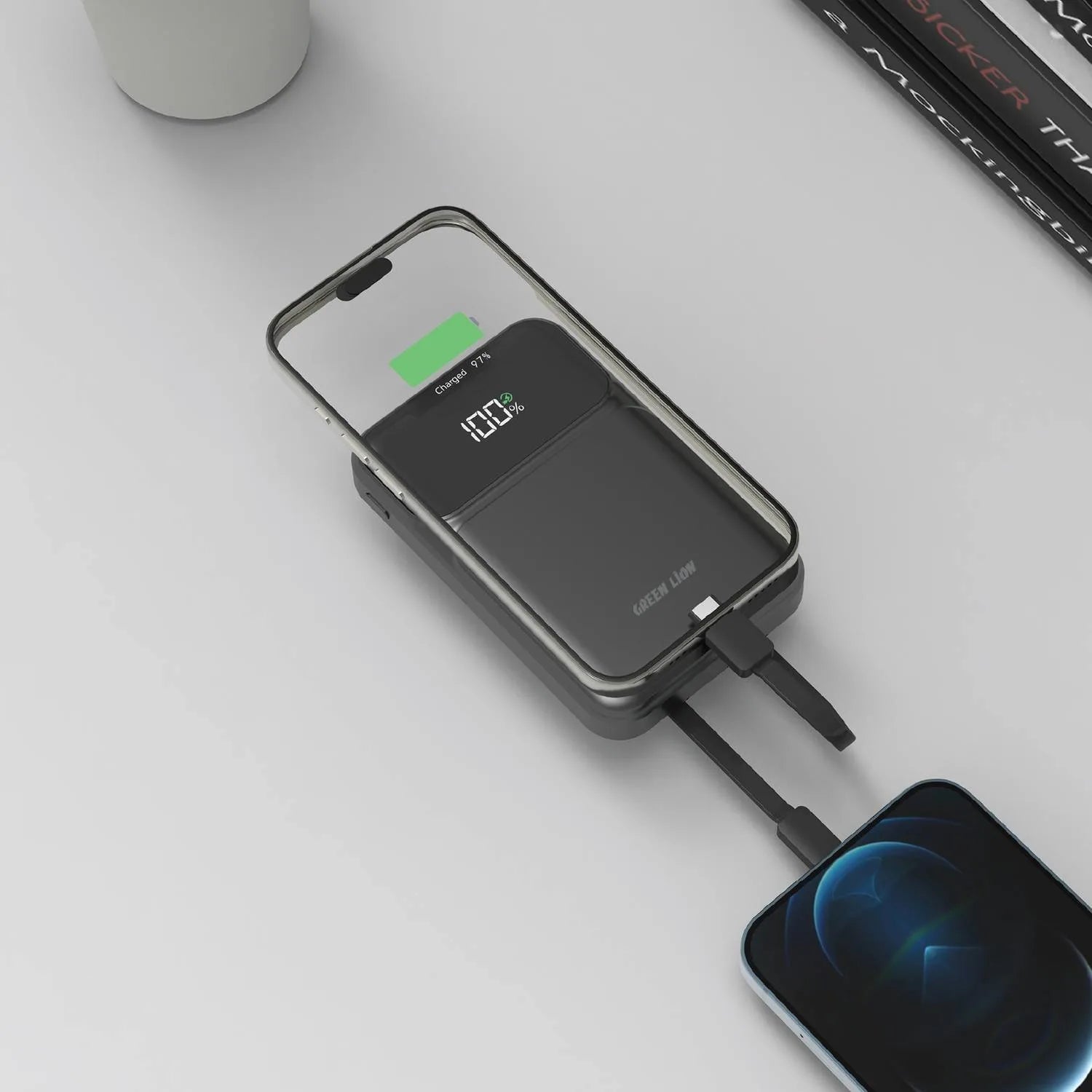 Green Lion 3-in-1 10000mAh Power Bank – Built-in Lightning, USB-C Cables, 20W PD Fast Charging, USB-A Output, Digital Display, Smart Charging Protection - Damoo