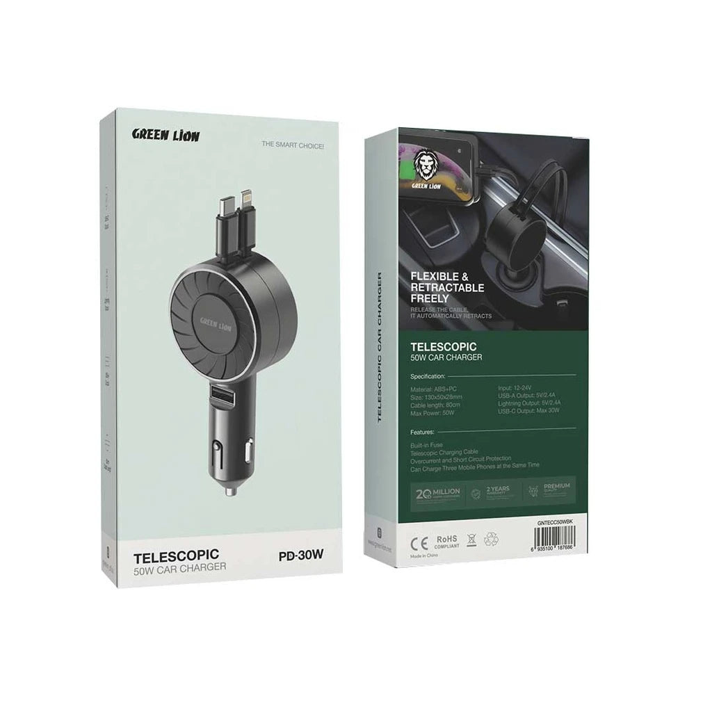 Green Lion 50W Telescopic Car Charger | Triple Port Fast Charging Adapter with Built-in Cable & Fuse | Short Circuit & Overcurrent Protection - Damoo