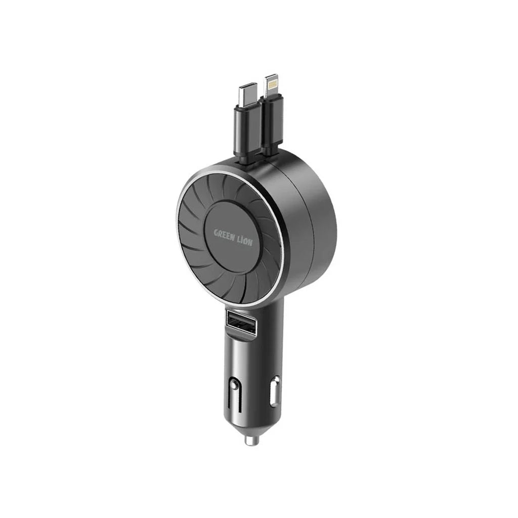 Green Lion 50W Telescopic Car Charger | Triple Port Fast Charging Adapter with Built-in Cable & Fuse | Short Circuit & Overcurrent Protection - Damoo
