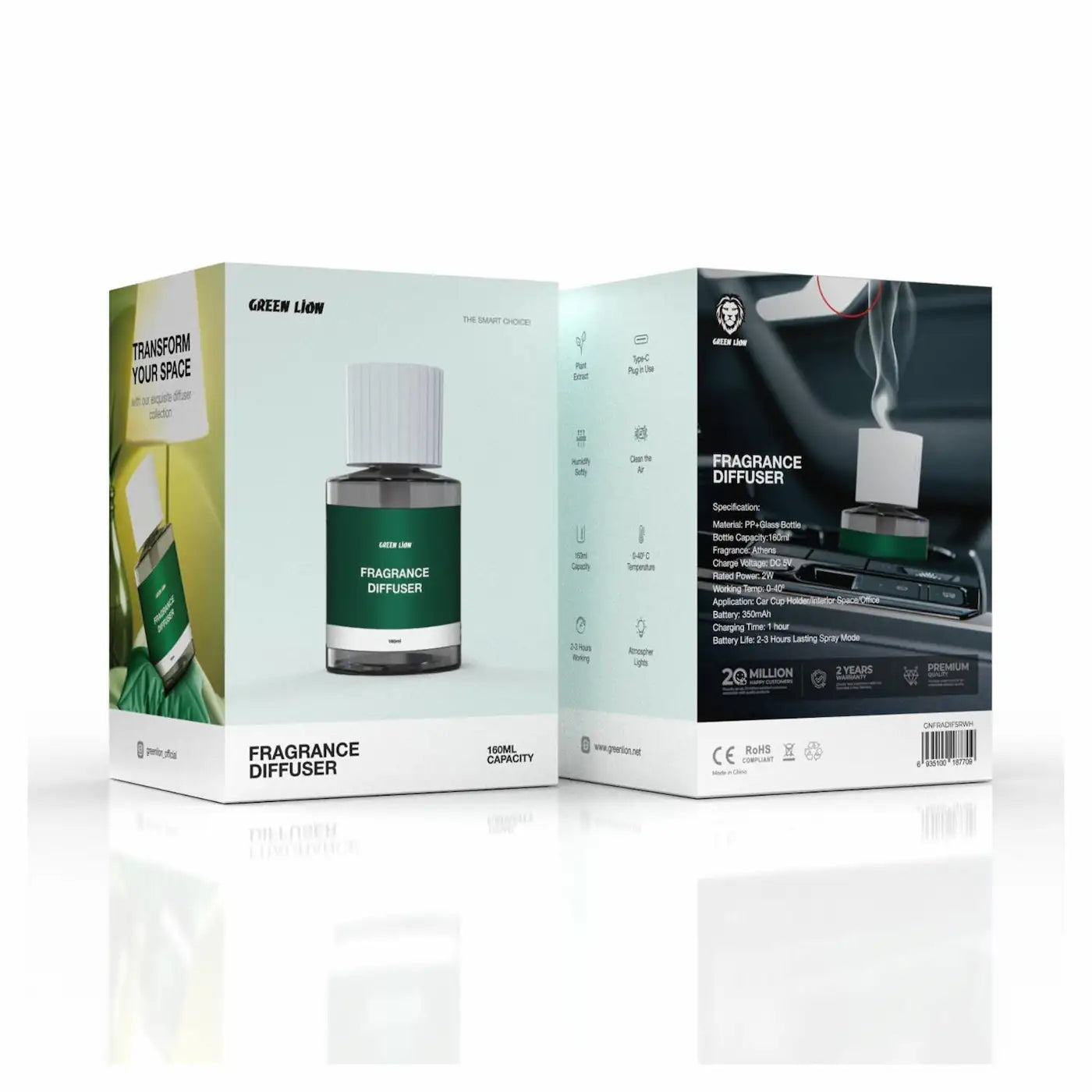 Green Lion Athens Fragrance Diffuser – 160ml Aroma Humidifier with Type-C, Air Purifier & LED Mood Lights | 2-3H Working Time - Damoo