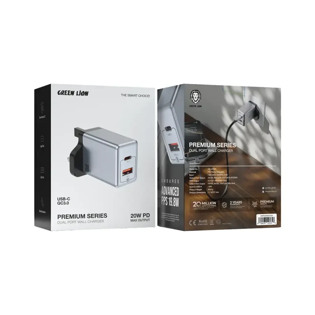 Green Lion Dual Port 20W & 35W Wall Adapter | USB-C PD & USB-A | High-Speed Charger for Phones & Tablets - Damoo