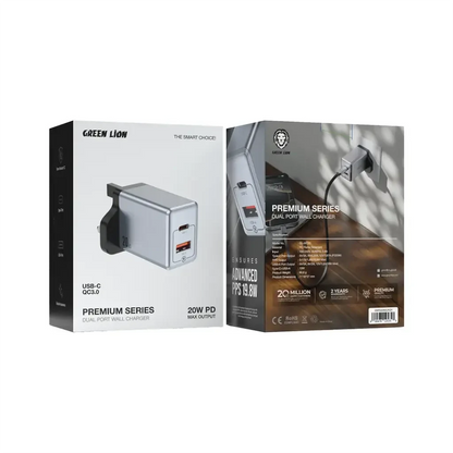 Green Lion Dual Port 20W & 35W Wall Adapter | USB-C PD & USB-A | High-Speed Charger for Phones & Tablets - Damoo