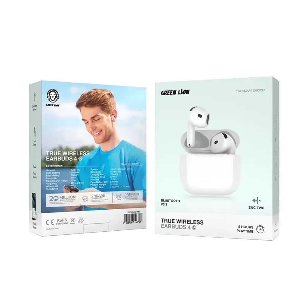 Green Lion Earbuds 4 G1 True Wireless – Bluetooth 5.3, 25m Range, Type-C Charging, 5H Playtime, 20H Case Battery - Damoo