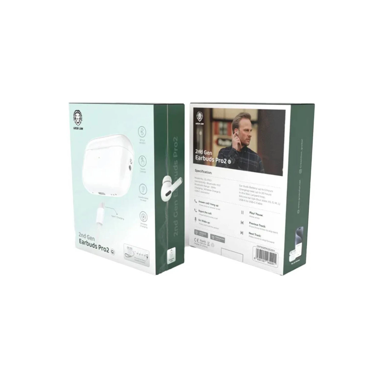 Green Lion Earbuds Pro 2 (2nd Gen) – ENC, 25H Playtime, USB-C Charging, Pop-Up Pairing, Touch Control, 25m Bluetooth Range - Damoo