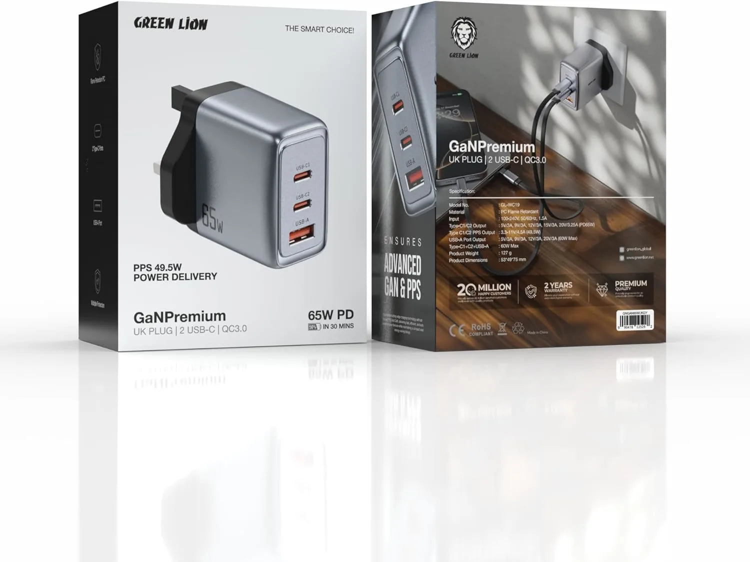 Green Lion GaN Premium 65W PD Wall Charger | Dual USB-C & USB-A Ports | Fast Charging Adapter with QC3.0, PPS 49.5W Power Delivery, UK Plug, Compact & Flame Retardant Design - Damoo