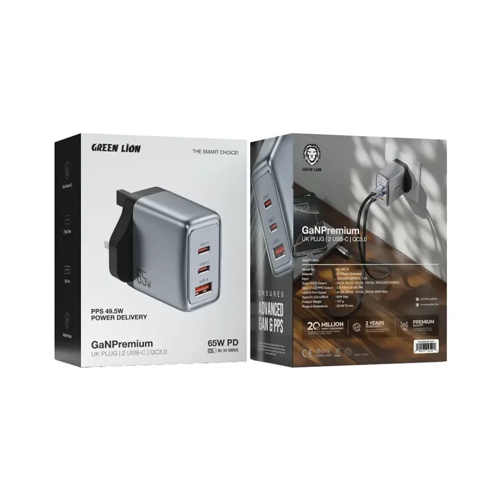 Green Lion GaN Premium 65W PD Wall Charger | Dual USB-C & USB-A Ports | Fast Charging Adapter with QC3.0, PPS 49.5W Power Delivery, UK Plug, Compact & Flame Retardant Design - Damoo