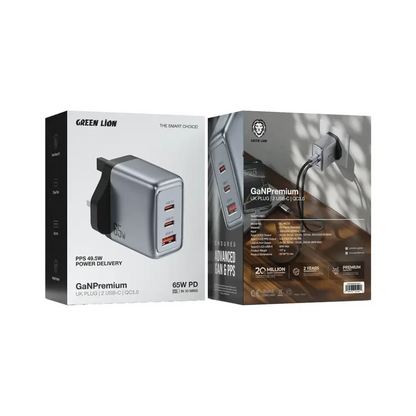 Green Lion GaN Premium 65W PD Wall Charger | Dual USB-C & USB-A Ports | Fast Charging Adapter with QC3.0, PPS 49.5W Power Delivery, UK Plug, Compact & Flame Retardant Design - Damoo