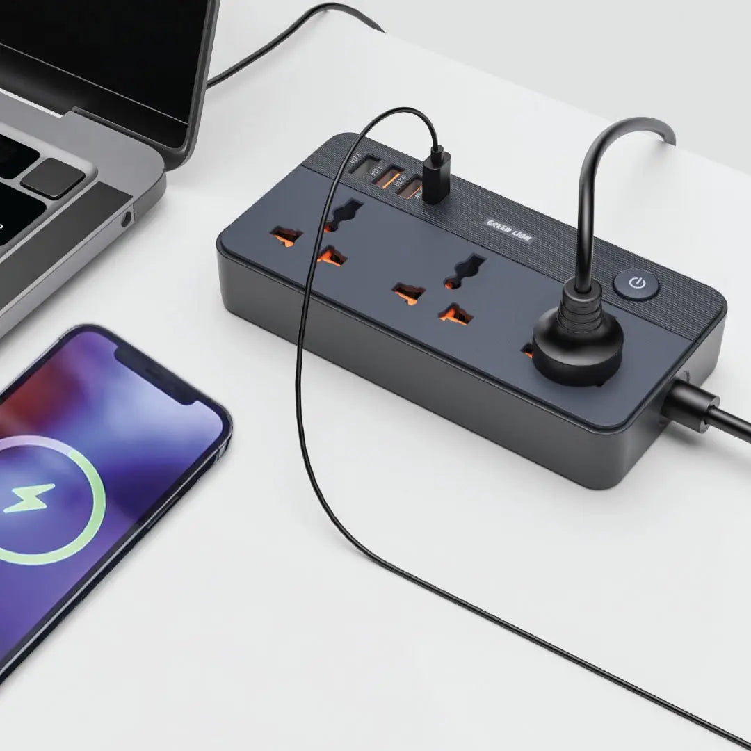 Green Lion GS-200 Power Socket – 2500W, 3 AC Outlets, 4 USB Ports (3×USB-A + 1×USB-C PD 20W), UK Plug, 2M Power Cord, Overload & Flame Protection - Damoo
