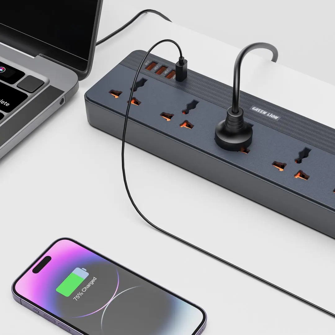 Green Lion GS-250 Power Socket – 2500W, 5 AC Outlets, 4 USB Ports (3×USB-A + 1×USB-C PD 20W), UK Plug, 2M Cord, Overload & Lightning Protection – Black - Damoo