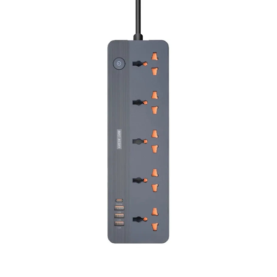 Green Lion GS-250 Power Socket – 2500W, 5 AC Outlets, 4 USB Ports (3×USB-A + 1×USB-C PD 20W), UK Plug, 2M Cord, Overload & Lightning Protection – Black - Damoo