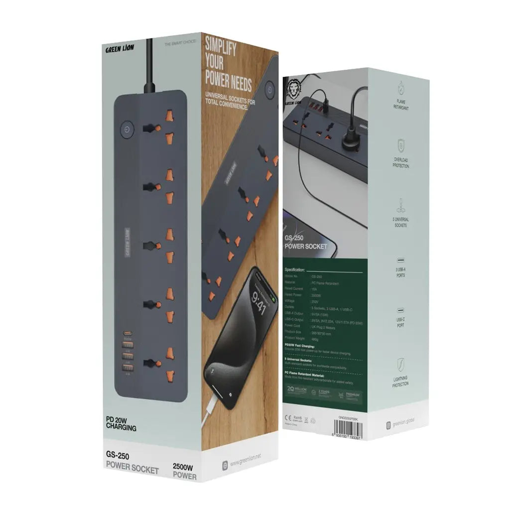 Green Lion GS-250 Power Socket – 2500W, 5 AC Outlets, 4 USB Ports (3×USB-A + 1×USB-C PD 20W), UK Plug, 2M Cord, Overload & Lightning Protection – Black - Damoo