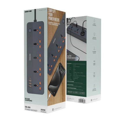 Green Lion GS-250 Power Socket – 2500W, 5 AC Outlets, 4 USB Ports (3×USB-A + 1×USB-C PD 20W), UK Plug, 2M Cord, Overload & Lightning Protection – Black - Damoo