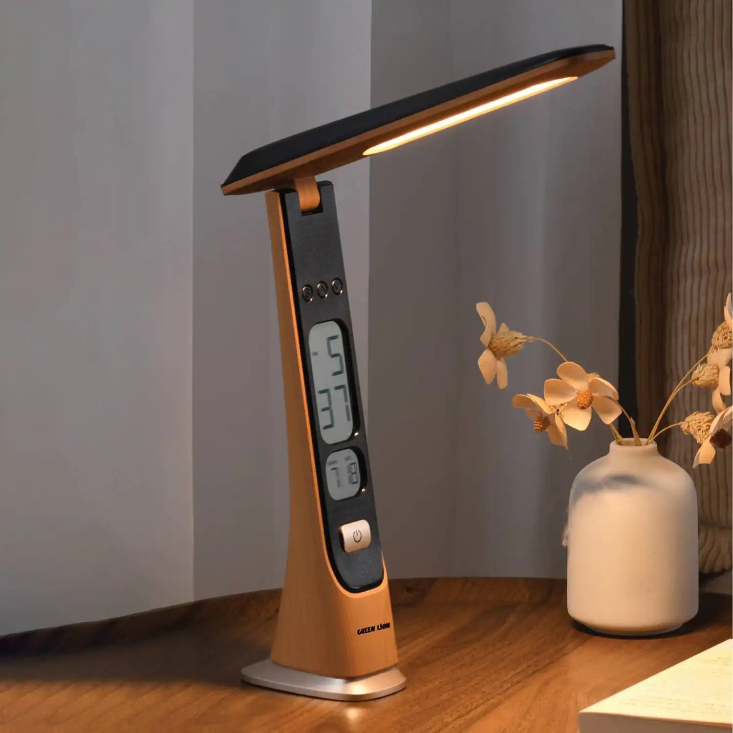 Green Lion LED Table Lamp | Adjustable Brightness, Cold-Natural-Warm Light Modes, 1800mAh Battery, Digital Time & Date Display - Damoo