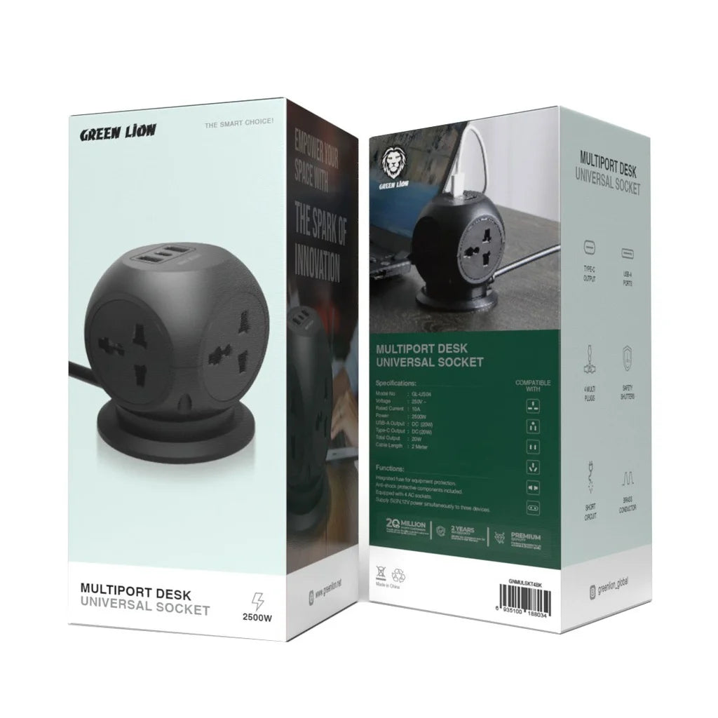 Green Lion MultiPort Desk Universal Socket – 2500W Power, 2m Cable, Type-C & USB-A Fast Charging, Safety Shutters, Short Circuit Protection – Black - Damoo