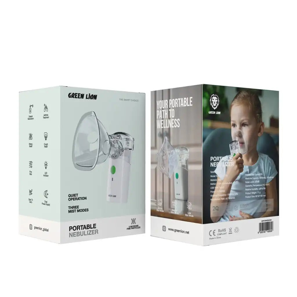 Green Lion Portable Nebulizer | Quiet Mist Inhaler for Asthma & Allergy Relief, Dual Power, LED Indicator, Travel-Friendly Design - Damoo
