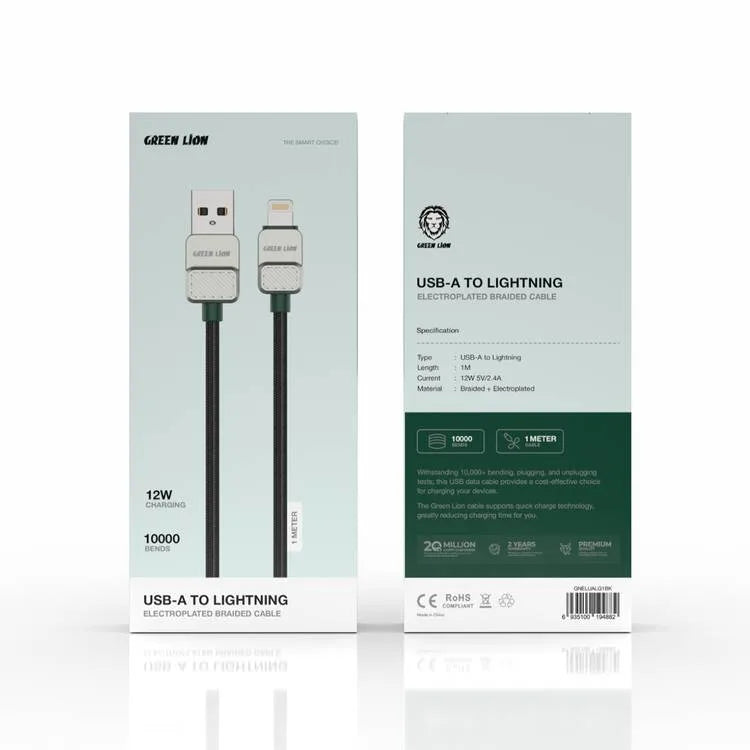 Green Lion USB-A to Lightning Electroplated Braided Cable – 1M, 12W Fast Charging (5V/2.4A), 480Mbps Data Transfer, 10,000+ Bends, Black & Dark Green - Damoo