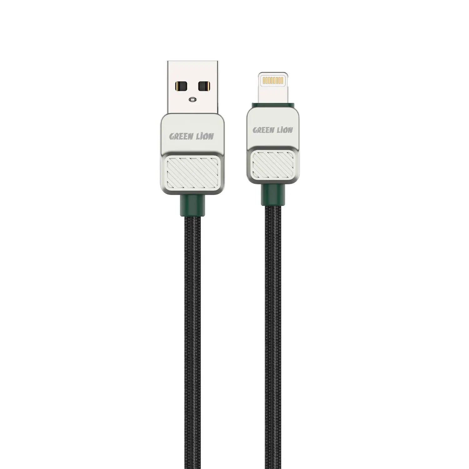 Green Lion USB-A to Lightning Electroplated Braided Cable – 1M, 12W Fast Charging (5V/2.4A), 480Mbps Data Transfer, 10,000+ Bends, Black & Dark Green - Damoo