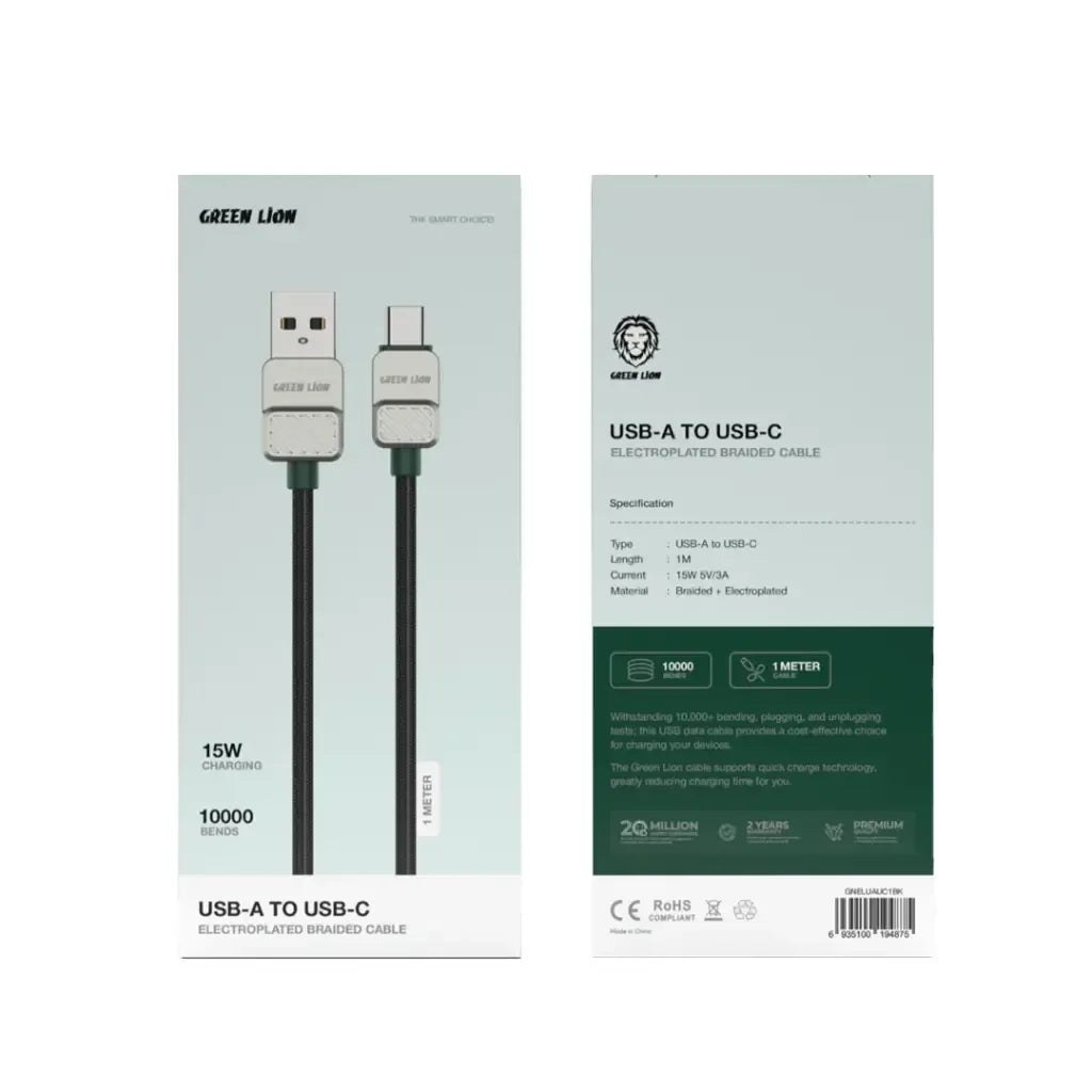 Green Lion USB-A to USB-C Electroplated Cable – 1M Braided Design, 15W Fast Charging (5V/3A), 480Mbps Data Transfer, 10,000+ Bends Durability - Damoo