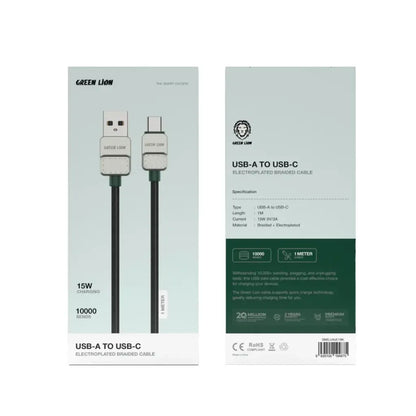 Green Lion USB-A to USB-C Electroplated Cable – 1M Braided Design, 15W Fast Charging (5V/3A), 480Mbps Data Transfer, 10,000+ Bends Durability - Damoo