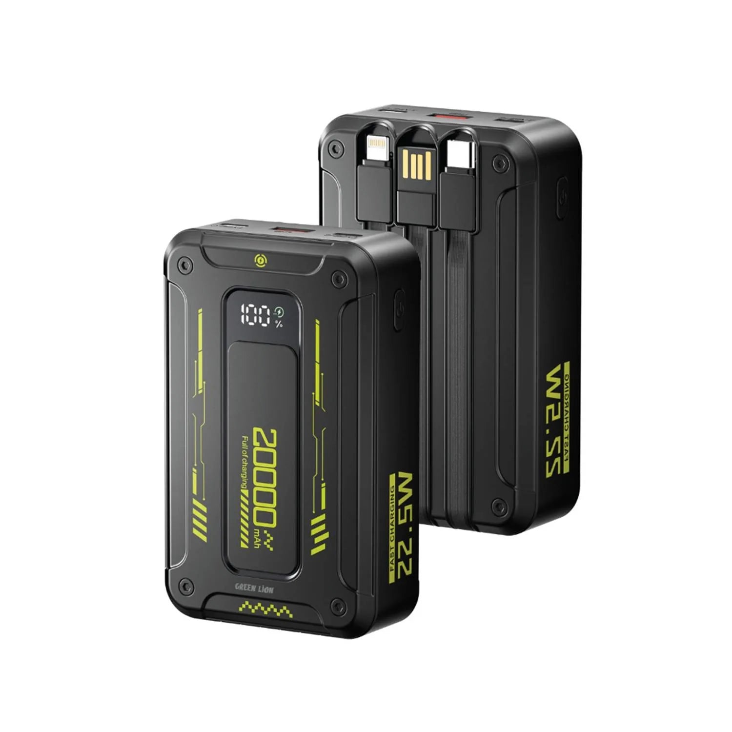 Green Lion Xtreme 20 Power Bank 20000mAh – 22.5W PD Fast Charging, Built-in USB-C & Lightning Cables, USB-A & USB-C Ports, Digital Display - Damoo