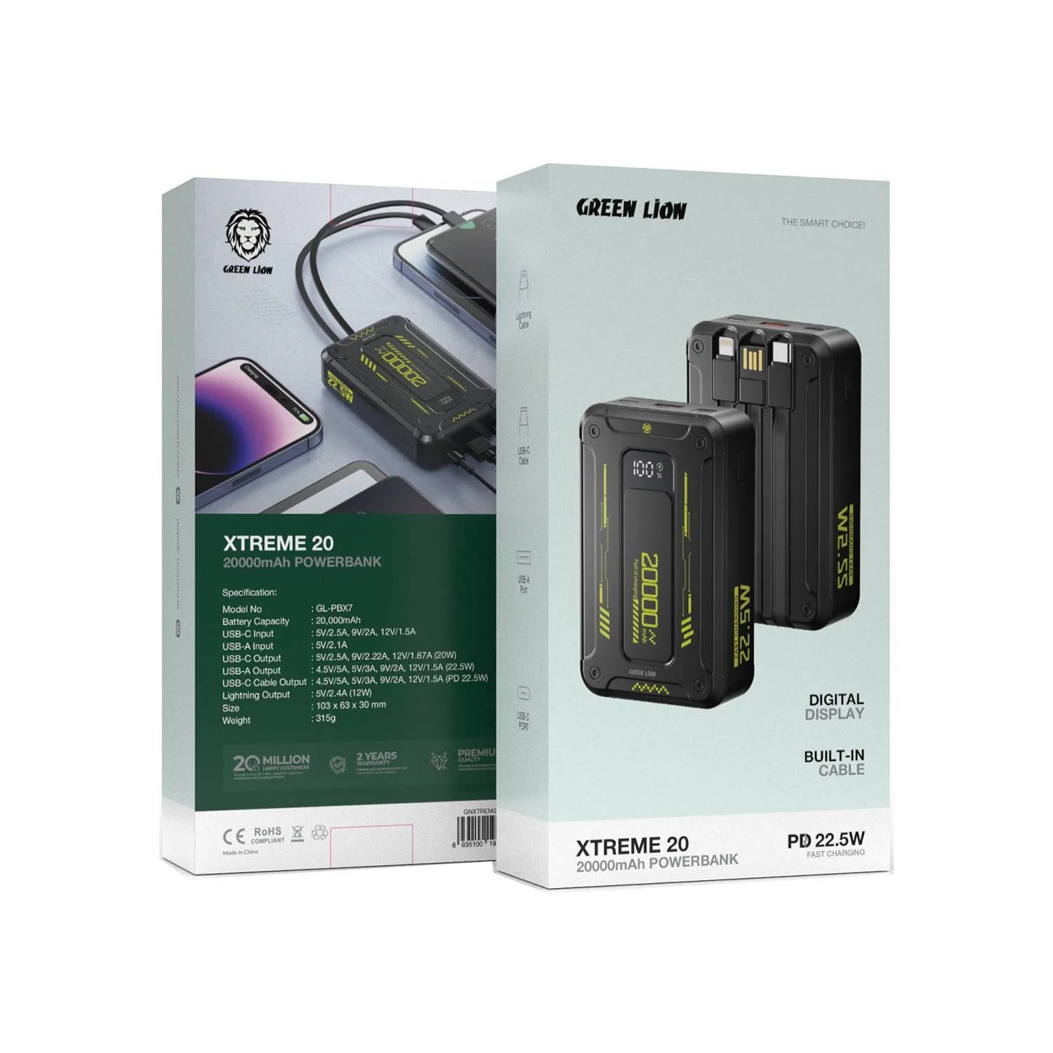 Green Lion Xtreme 20 Power Bank 20000mAh – 22.5W PD Fast Charging, Built-in USB-C & Lightning Cables, USB-A & USB-C Ports, Digital Display - Damoo