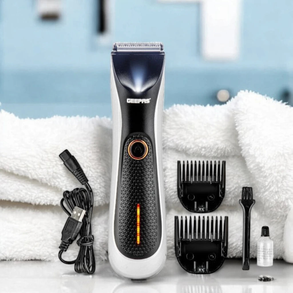 Geepas Professional Beard Trimmer for Men – Waterproof IPX5 Design, Dual Turbo Speed, LED Indicator & Light, Rechargeable 600mAh Battery, Stainless Steel Blades, Cordless Grooming Kit with Guide Combs – GTR56024N - Damoo