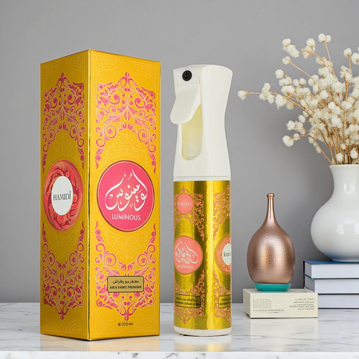 Hamidi Luminous Luxury Air Freshener – 320ML | Non-Alcoholic Aromatic Spray for Air & Fabrics | Long-Lasting Fragrance for Home, Office & Car - Damoo